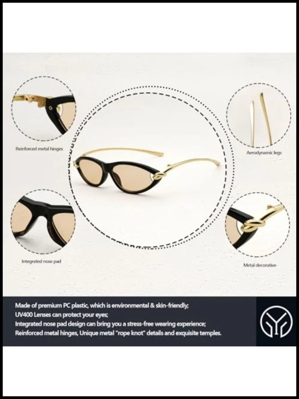 Retro Cat Eye Sunglasses Narrow Oval 70s Vintage Shades with Metal Rope Knot